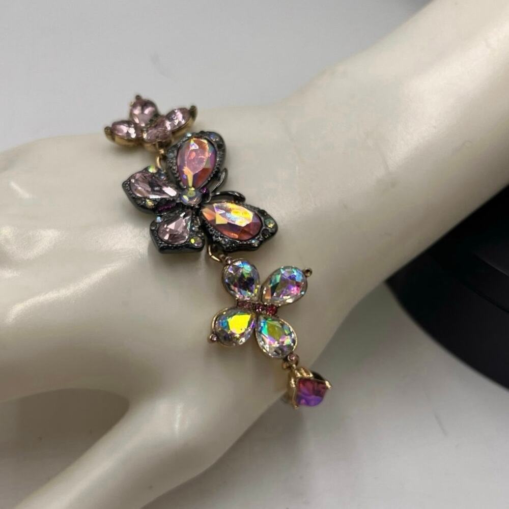 Betsey Johnson Pink AB Rhinestone Gunmetal Butterfly Blitz Bracelet size 8.25"